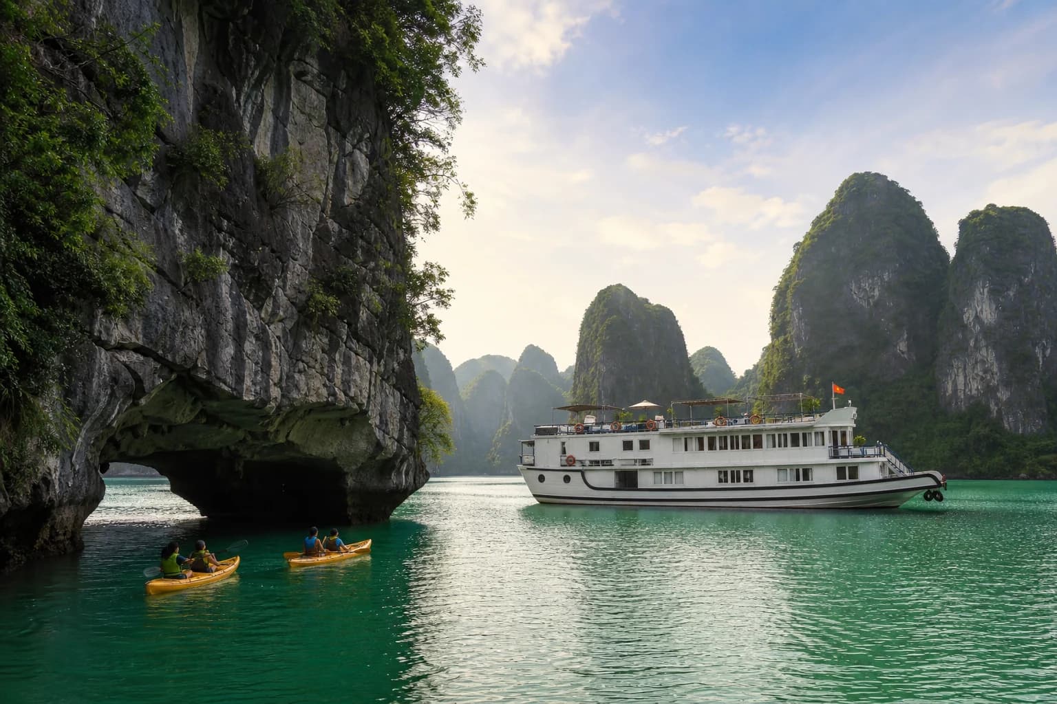 Pelayaran Halong Bay di antara gugusan karst dengan aktivitas kayak